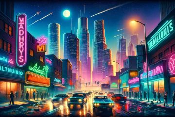 En spännande och detaljrik framställning av en stad inspirerad av Grand Theft Auto VI, med en neonbelyst skyline i bakgrunden och en livlig stadsmiljö framför. Bilden ska ha en känsla av äventyr och mysterium, och framhäva element som är karaktäristiska för GTA-serien, såsom snabba bilar, olika karaktärer och en urban miljö som är både lockande och farlig. Stilen ska vara realistisk med en touch av spelgrafik, och belysa den unika atmosfären i spelet.