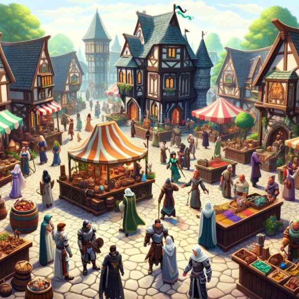 Här är en bild som framställer en livlig och myllrande medeltida fantasimarknadssceneri, liknande den i spelet RuneScape. Denna livfulla miljö visar en mångfald av spelare som handlar varor och interagerar i en vackert detaljerad medeltida by.