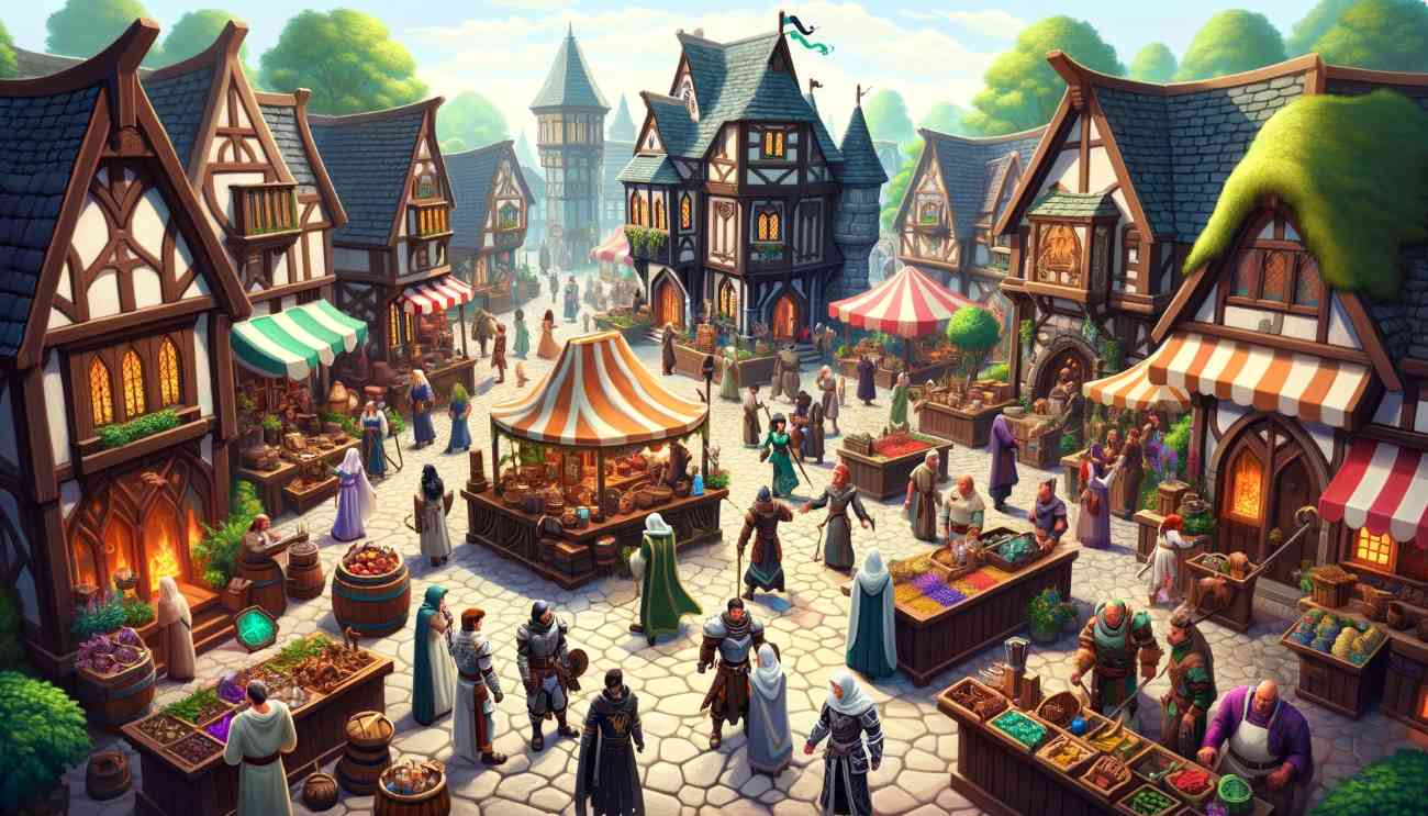 Här är en bild som framställer en livlig och myllrande medeltida fantasimarknadssceneri, liknande den i spelet RuneScape. Denna livfulla miljö visar en mångfald av spelare som handlar varor och interagerar i en vackert detaljerad medeltida by.